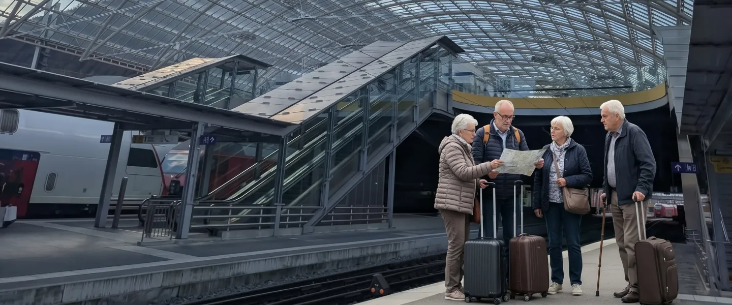 Four senior travelers with rolling suitcases and a walking stick consult a map on the platform beneath the curved glass canopy at Chur station, Switzerland.