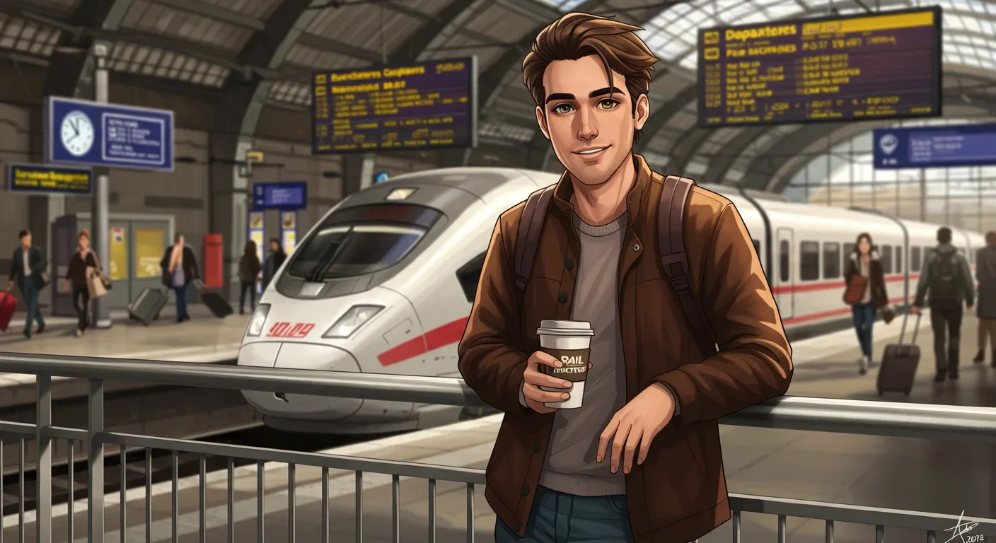 Illustrated scene of a young traveler with coffee standing on a German train platform, with an ICE high-speed train in the background