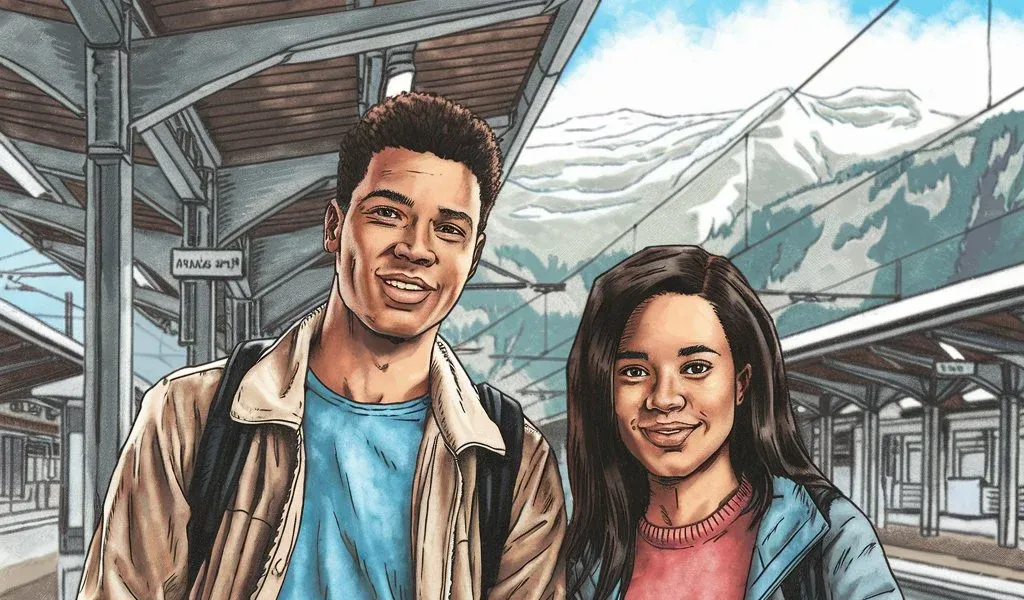 Two young rail enthusiasts standing on a covered train platform with snow-capped Swiss Alps in the background