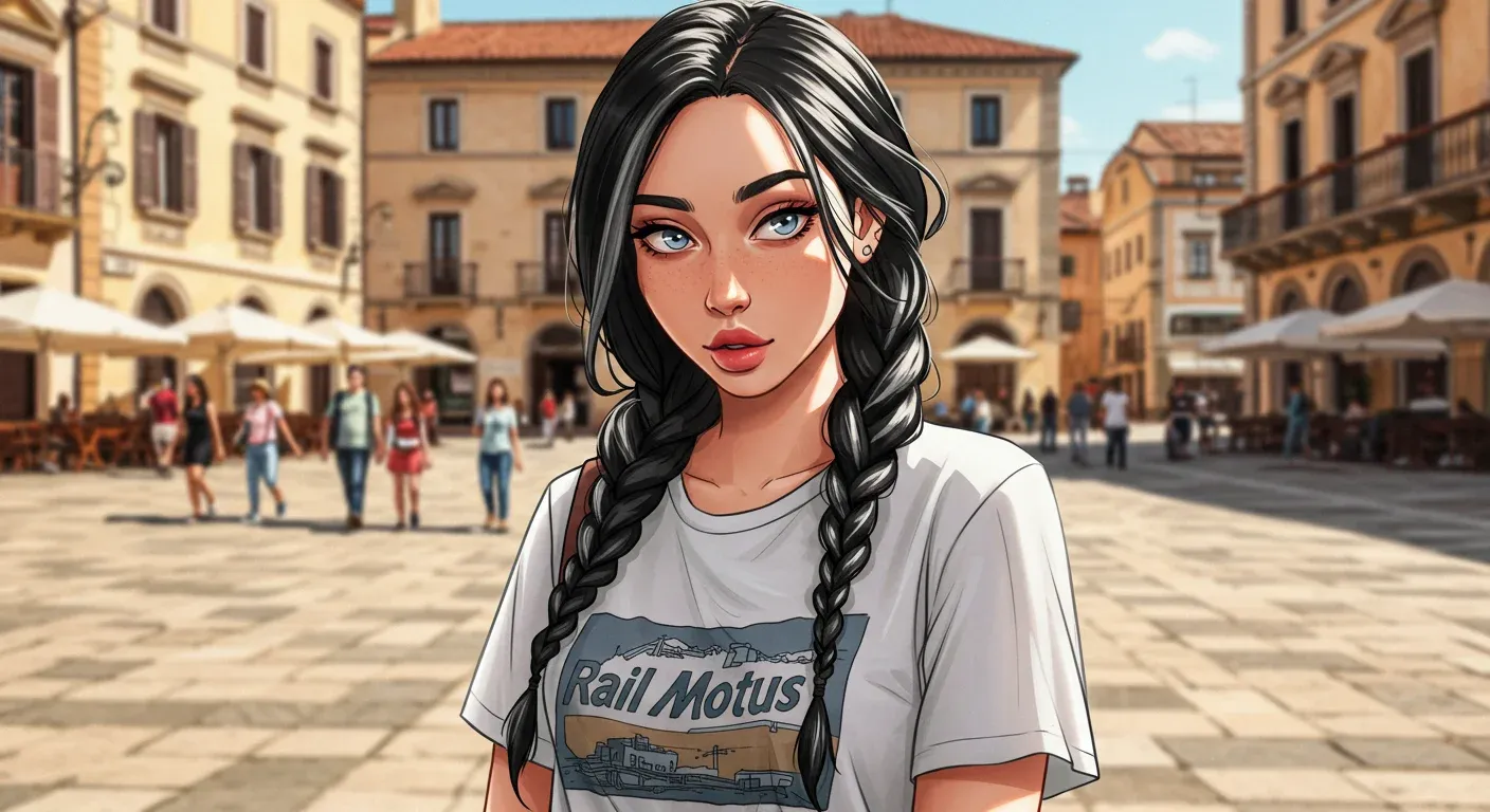 Ali standing in a European town square wearing a Rail Motus T-shirt, with historic buildings and people in the background.