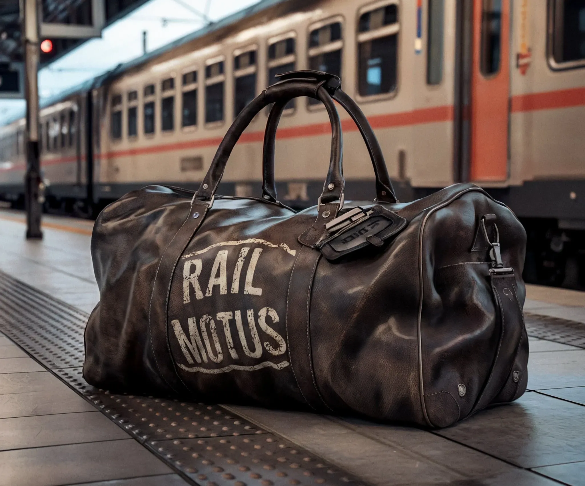 Leather duffle bag with Rail Motus logo sitting on a train station platform with a train in the background.