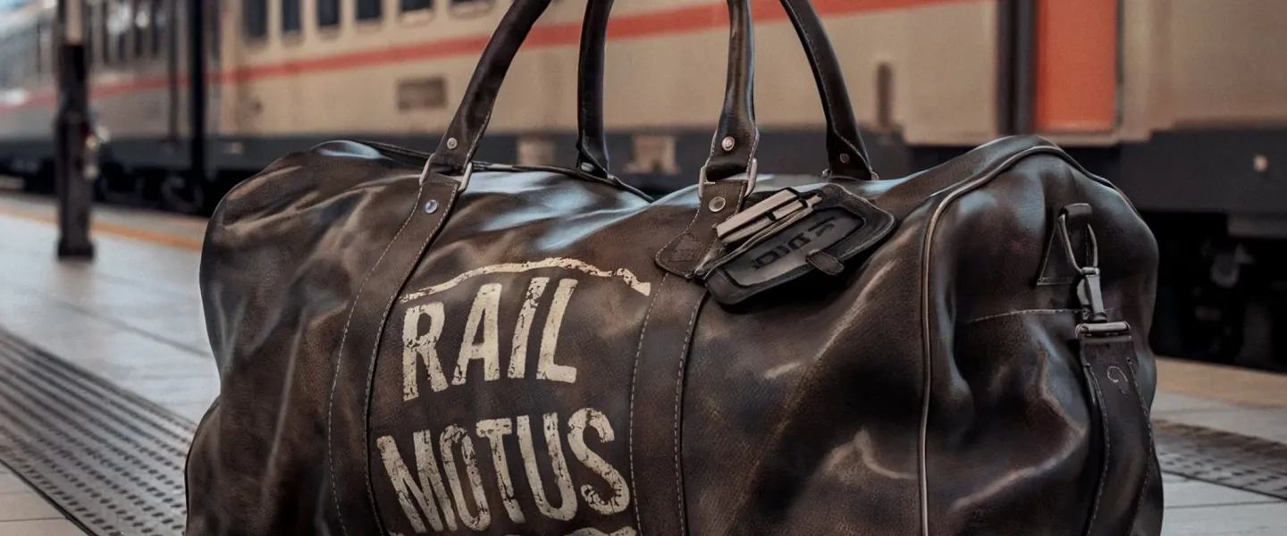 Leather duffle bag with Rail Motus logo sitting on a train station platform with a train in the background.