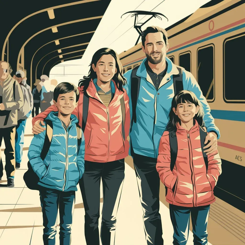 Flat color illustration of a family of four, the Johnsons, smiling on a rail platform beside a train.
