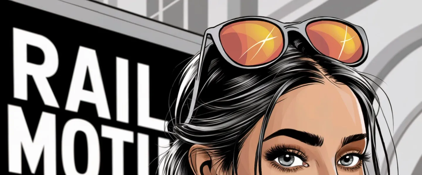 Young woman with braided hair and sunglasses, carrying a backpack, standing in front of a Rail Motus sign at a train station.