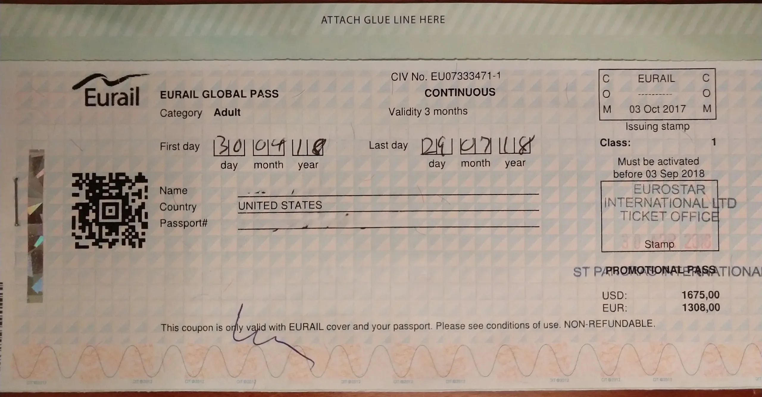 A used 1st class paper Global Pass coupon (formerly Eurail), Continuous with 3 months validity, with the first and last travel days written in by hand.