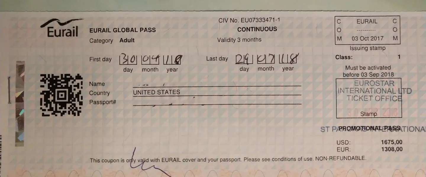 A used 1st class paper Eurail Global Pass coupon from 2018, showing the continuous 3-month validity, handwritten first and last travel days, and the printed price.