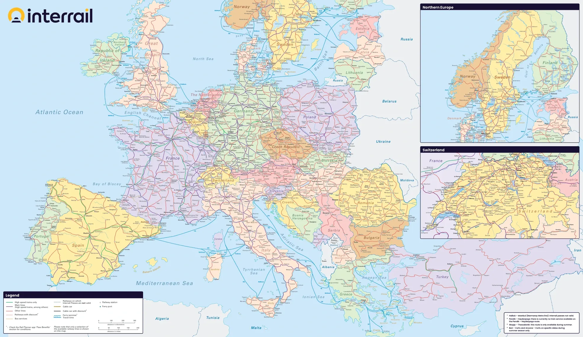 Color-coded map of Europe showing Interrail Global Pass country coverage across 33 nations.
