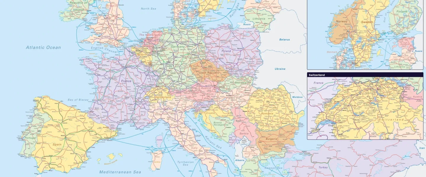 Color-coded map of Europe showing Interrail Global Pass friendliness by country, with red indicating more restrictions and green indicating fewer.