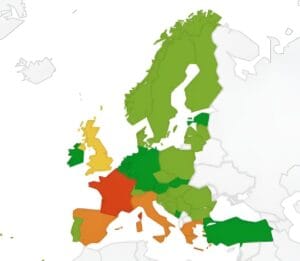 Color-coded map of Europe showing Interrail Global Pass friendliness by country, with red indicating more restrictions and green indicating fewer.