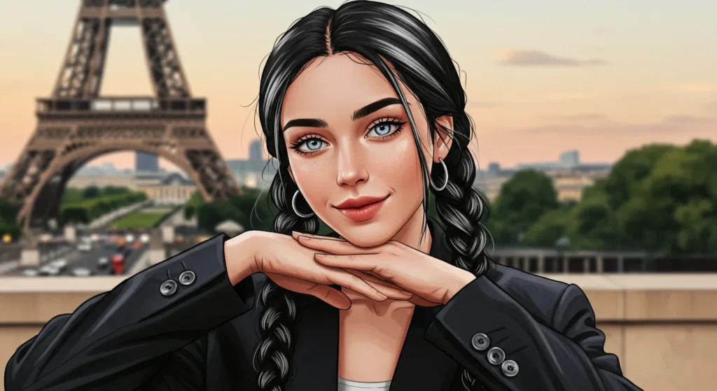 AI-generated image of Ali posing with hands under her chin in front of the Eiffel Tower at sunset in Paris.