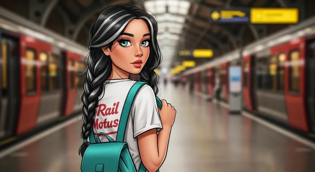 Ali standing in a European train station wearing a Rail Motus T-shirt, with red trains in the background.