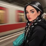 Ali seated at a European train station with a high-speed red-and-white train passing by in the background.