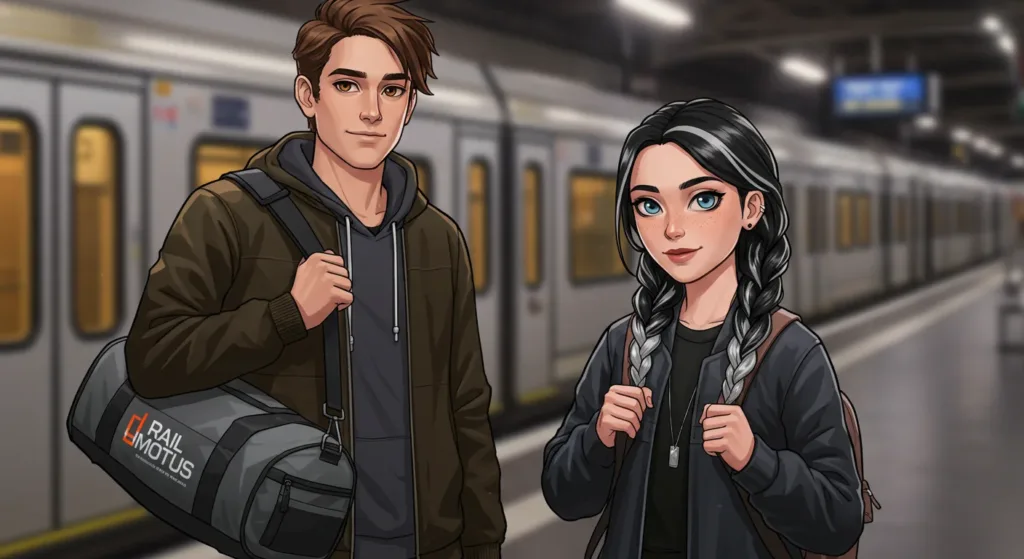 Illustrated scene of two travelers, James and Ali, standing together on a modern train platform with train in background