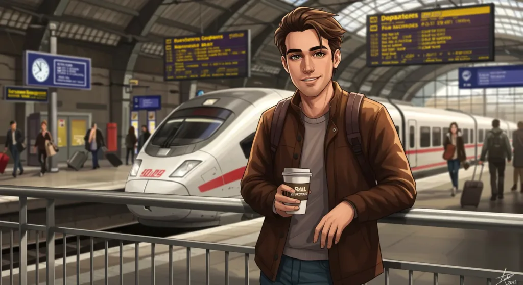 Illustrated scene of a young traveler with coffee standing on a German train platform, with an ICE high-speed train in the background