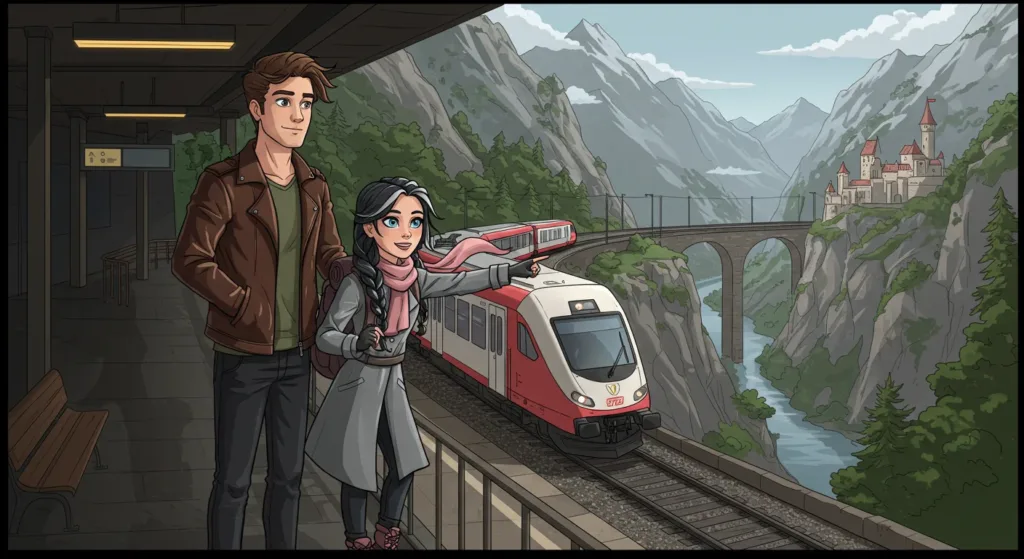 A red train snakes through a valley with a river. Two travelers watch.